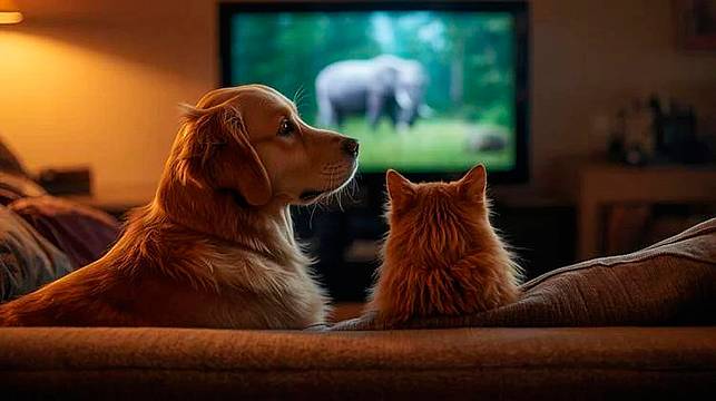 Cane e gatto davanti alla tv - Immagine generata con intelligenza artificiale/Canva