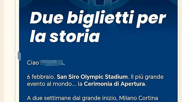 La mail con cui viene lanciata la promozione per la cerimonia di apertura di Milano-Cortina