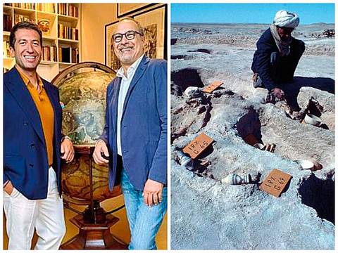 A destra, gli scavi in Iran negli anni Settanta. Accanto,, da sinistra, Inti Ligabue e Marco Cattaneo