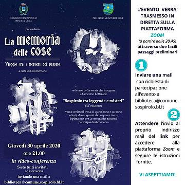 Sospirolo, serata online "La memoria delle cose" Sospirolo, serata online "La memoria delle cose"