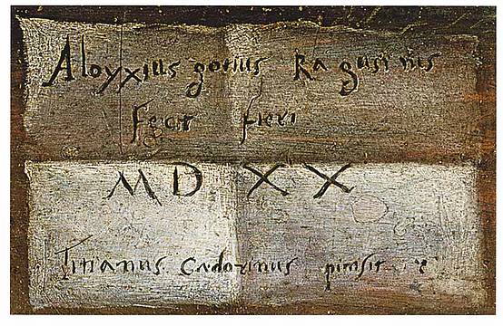 Ancona, Pinacoteca Civica “Francesco Podesti” / particolare del cartiglio con la firma “Titianus Cadorinus” Ancona, Pinacoteca Civica “Francesco Podesti” / particolare del cartiglio con la firma “Titianus Cadorinus”