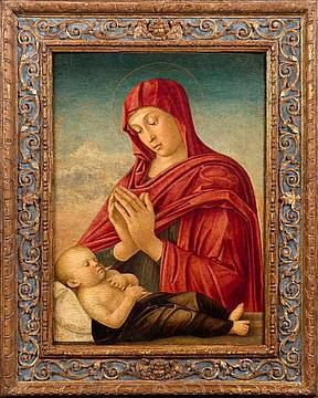 Giovanni Bellini, Madonna in adorazione con bambino dormiente, tempera su tavola
