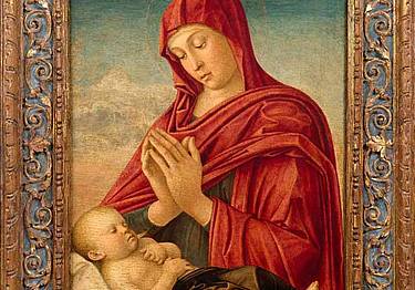 Giovanni Bellini, Madonna in adorazione con bambino dormiente, tempera su tavola