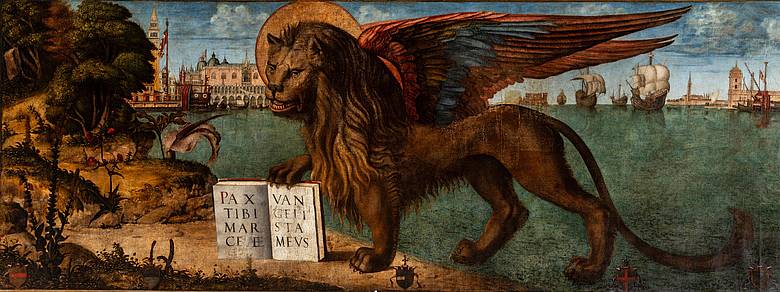 Vittore Carpaccio-Leone di San Marco andante -da tera e da mar-, 1516 Olio e tempera su tela; cm 130 x 368 Fondazione MUVE -Venezia, Palazzo Ducale Restaurato nel 2021 da Save Venice Inc.