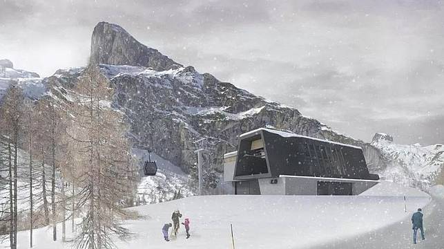 Il rendering di una delle stazioni della nuova funivia Malga Ciapela-Cabina Bill