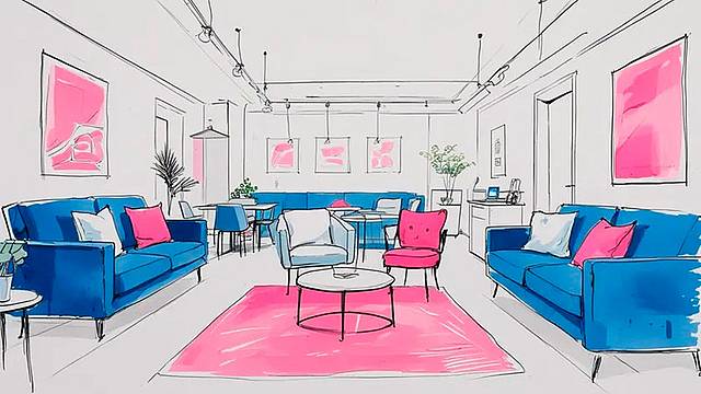 disegnami-stile-sketch-uno-spazio-di-coworking-colore-bianco-blu-e-rosa