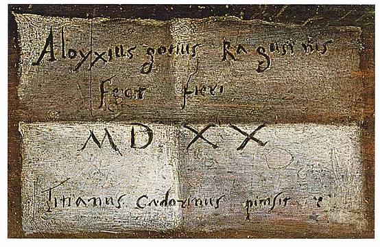 particolare del cartiglio con la firma “Titianus Cadorinus” particolare del cartiglio con la firma “Titianus Cadorinus”