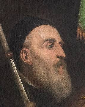 Tiziano, Autoritratto (particolare) della piccola pala nella Chiesa Arciadiaconale di Pieve di Cadore Tiziano, Autoritratto (particolare) della piccola pala nella Chiesa Arciadiaconale di Pieve di Cadore