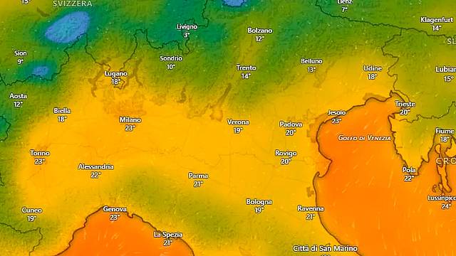 Le temperature previste per mercoledì 22 luglio (Windy) Le temperature previste per mercoledì 22 luglio (Windy)